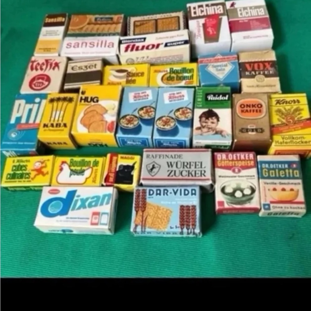 Vintage dollhouse Play Food Boxes in foreign mostly  German lot of 29 ,
